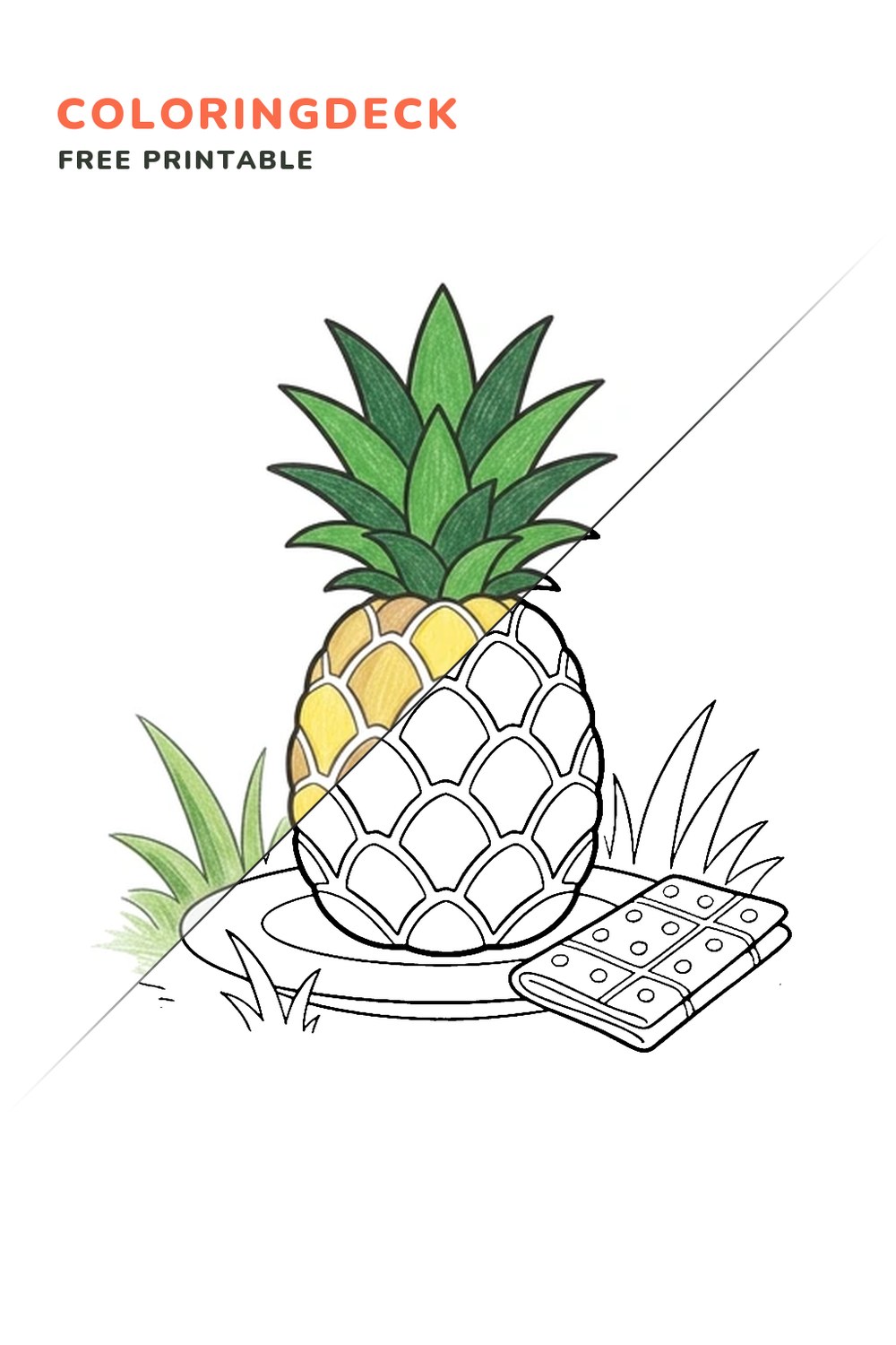 Pineapple Picnic Plate coloring page, free printable: half colored, half outline