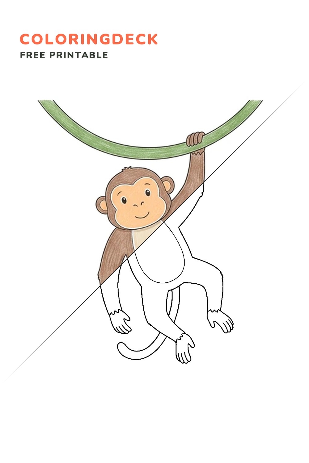 Hanging Monkey coloring page, free printable: half colored, half outline