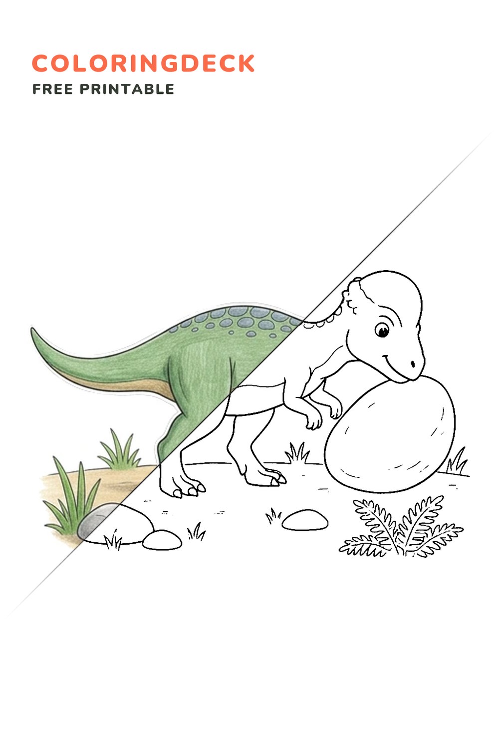 Pachycephalosaurus Pebble Push coloring page, free printable: half colored, half outline