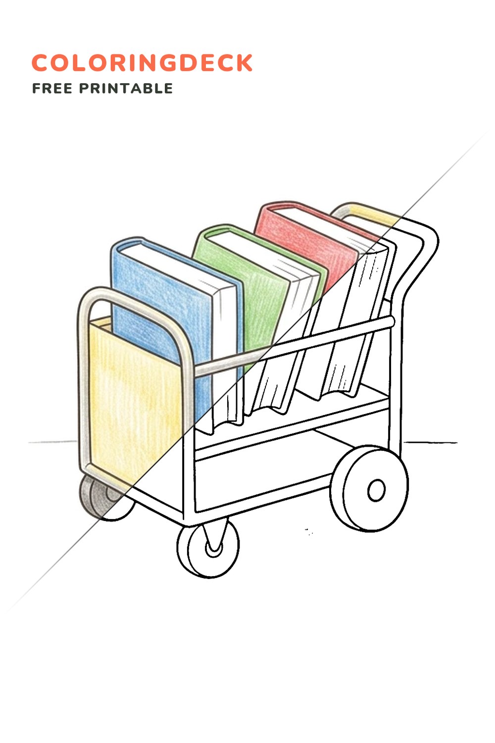 Library Book Cart coloring page, free printable: half colored, half outline