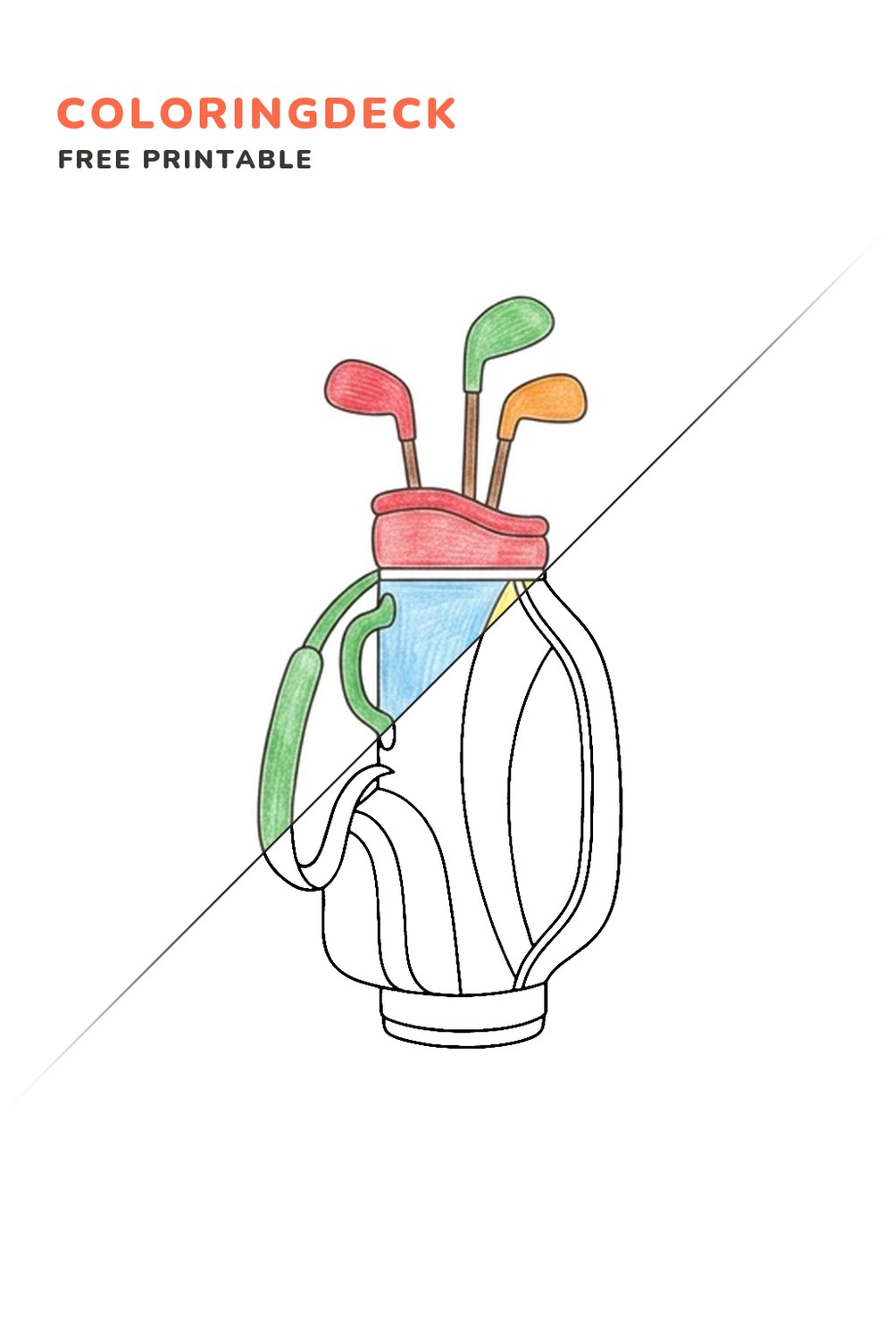 Simple Golf Bag coloring page, free printable: half colored, half outline
