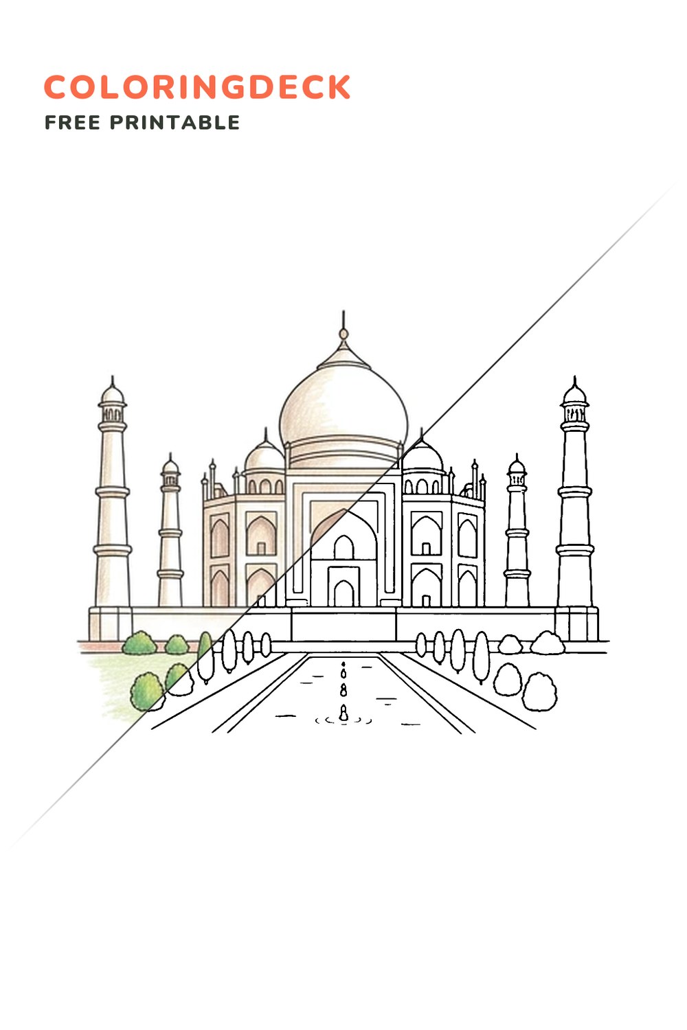 Taj Mahal Garden coloring page, free printable: half colored, half outline