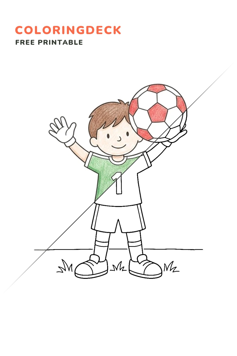 Goalkeeper Catch coloring page, free printable: half colored, half outline
