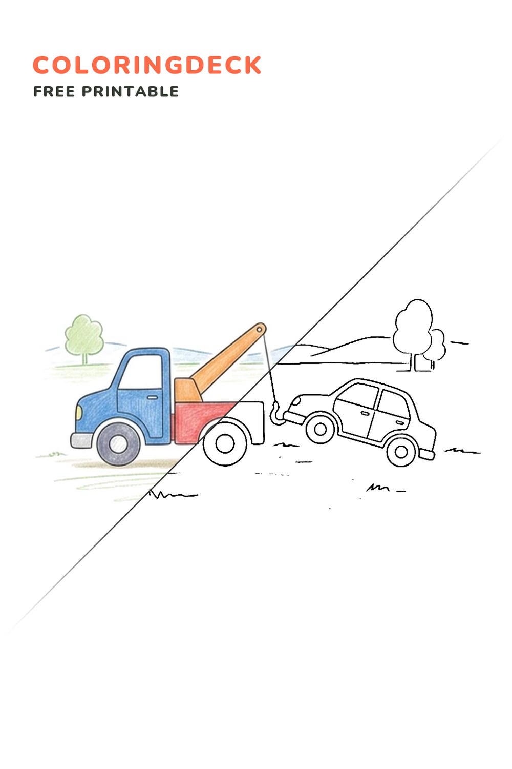 Tow Truck Lift coloring page, free printable: half colored, half outline