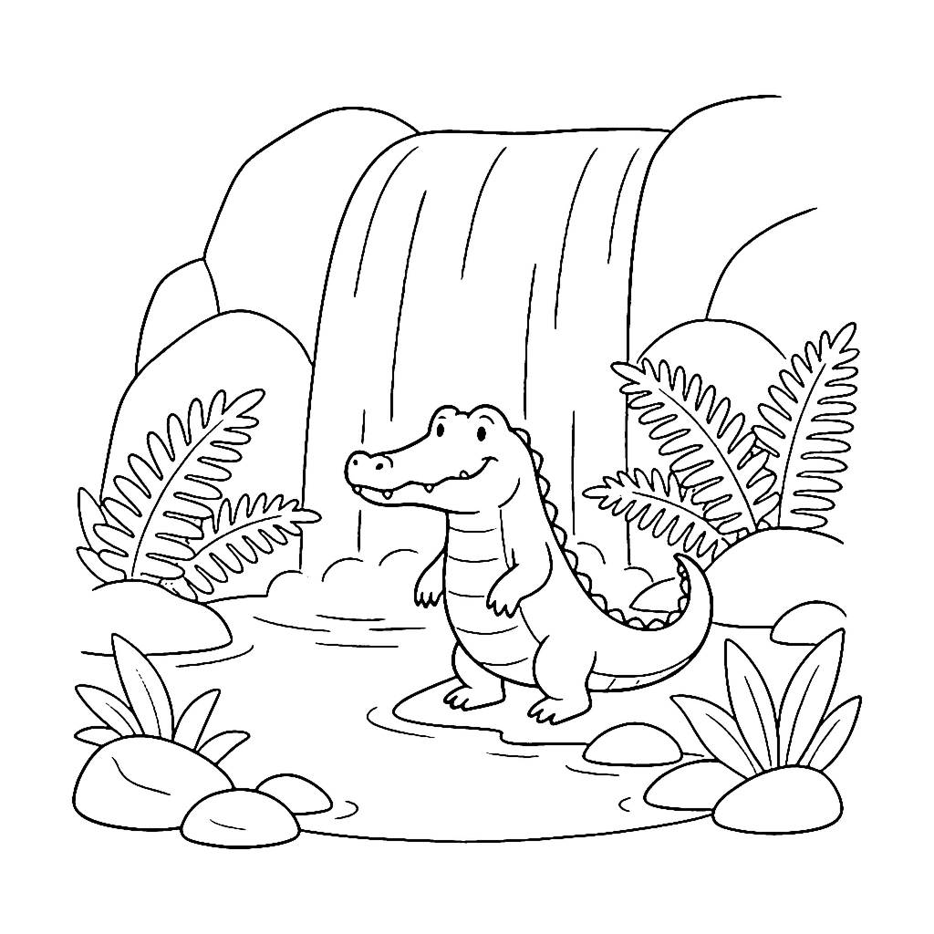 Crocodile Waterfall Pool coloring page outline