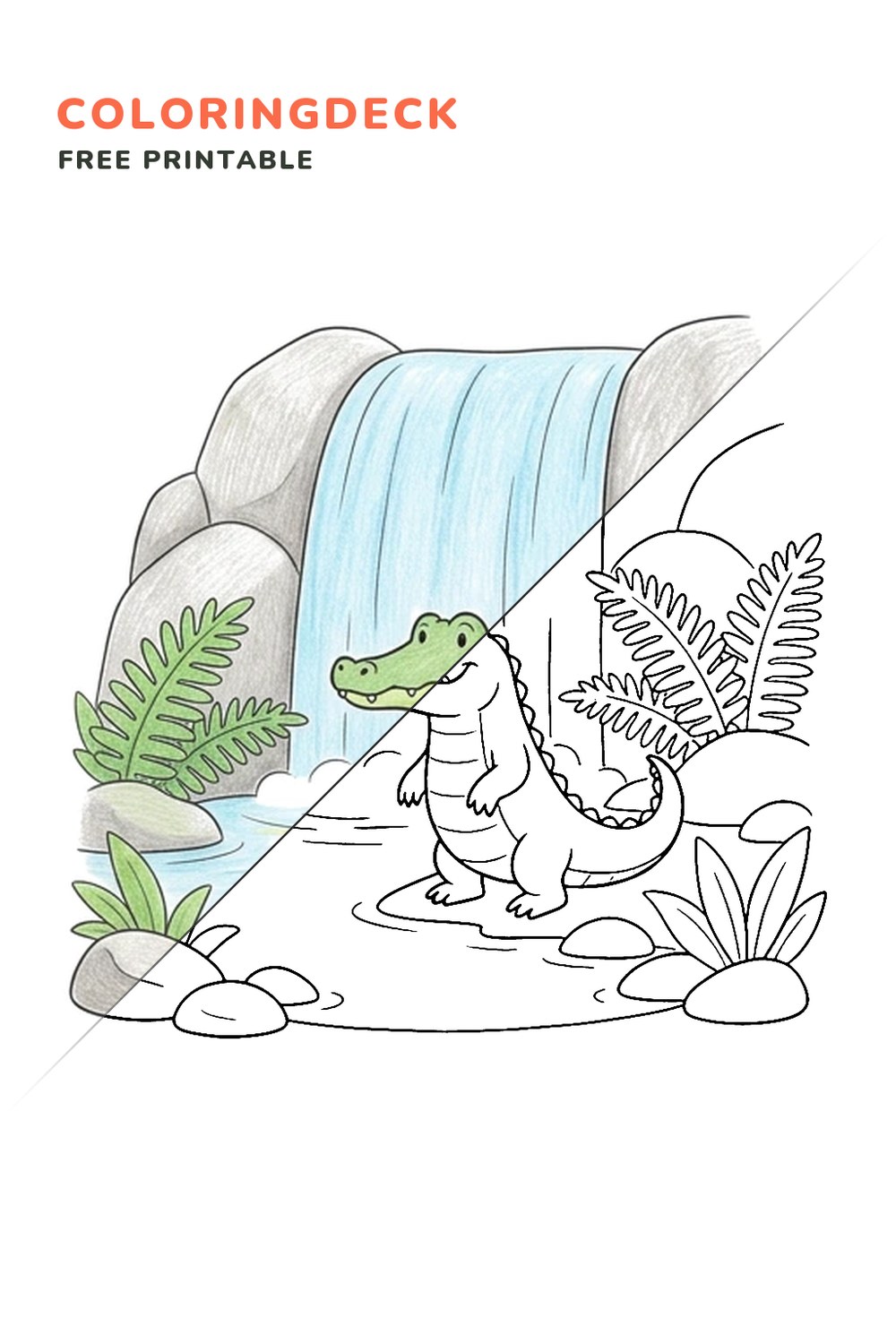Crocodile Waterfall Pool coloring page, free printable: half colored, half outline