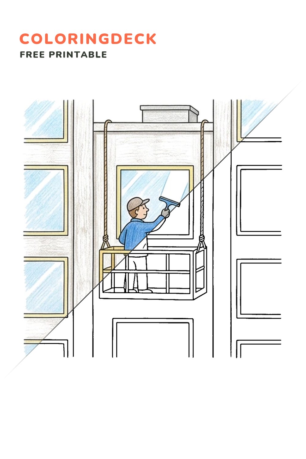 Window Washer Lift coloring page, free printable: half colored, half outline