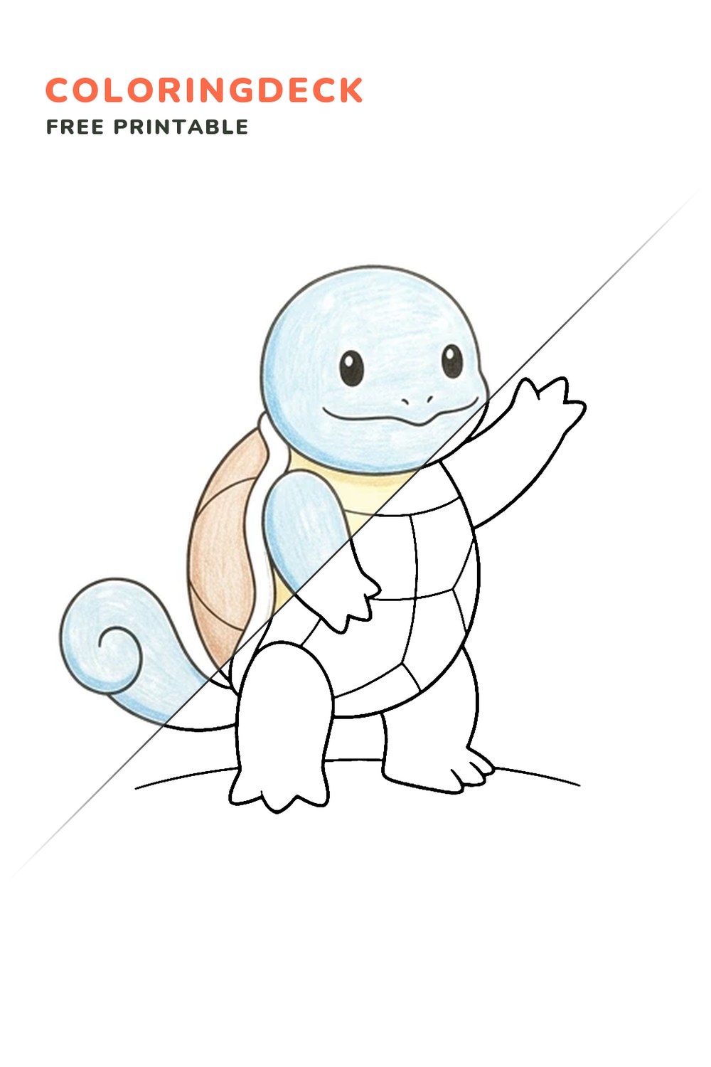 Squirtle Shell Wave coloring page, free printable: half colored, half outline