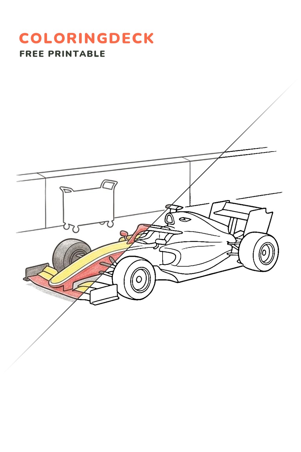 F1 Pit Stop coloring page, free printable: half colored, half outline