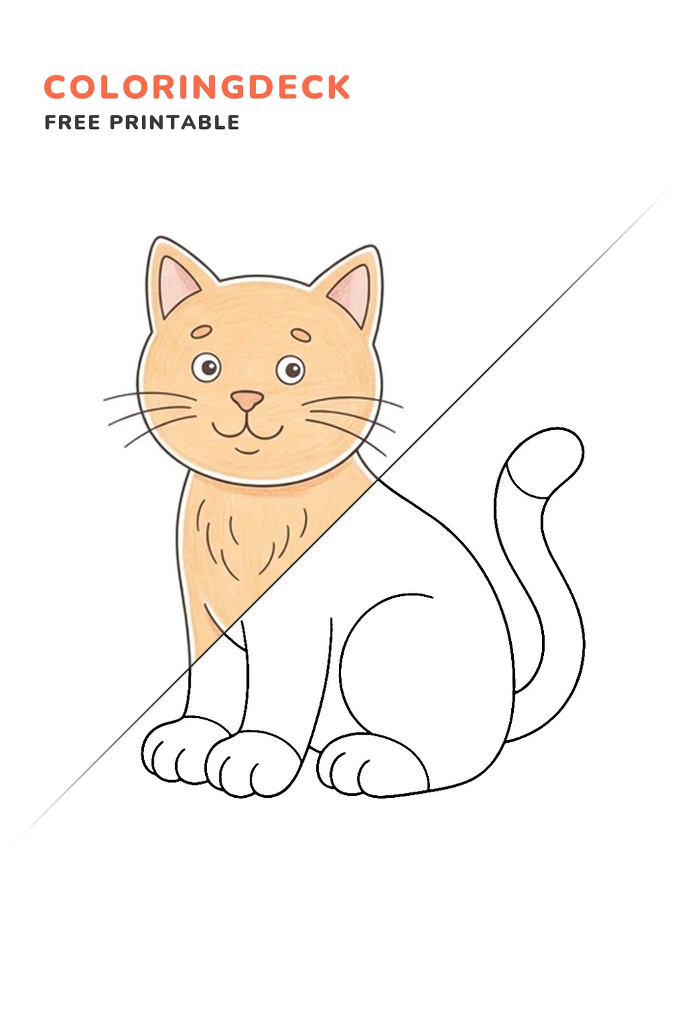 Big Sitting Cat coloring page, free printable: half colored, half outline
