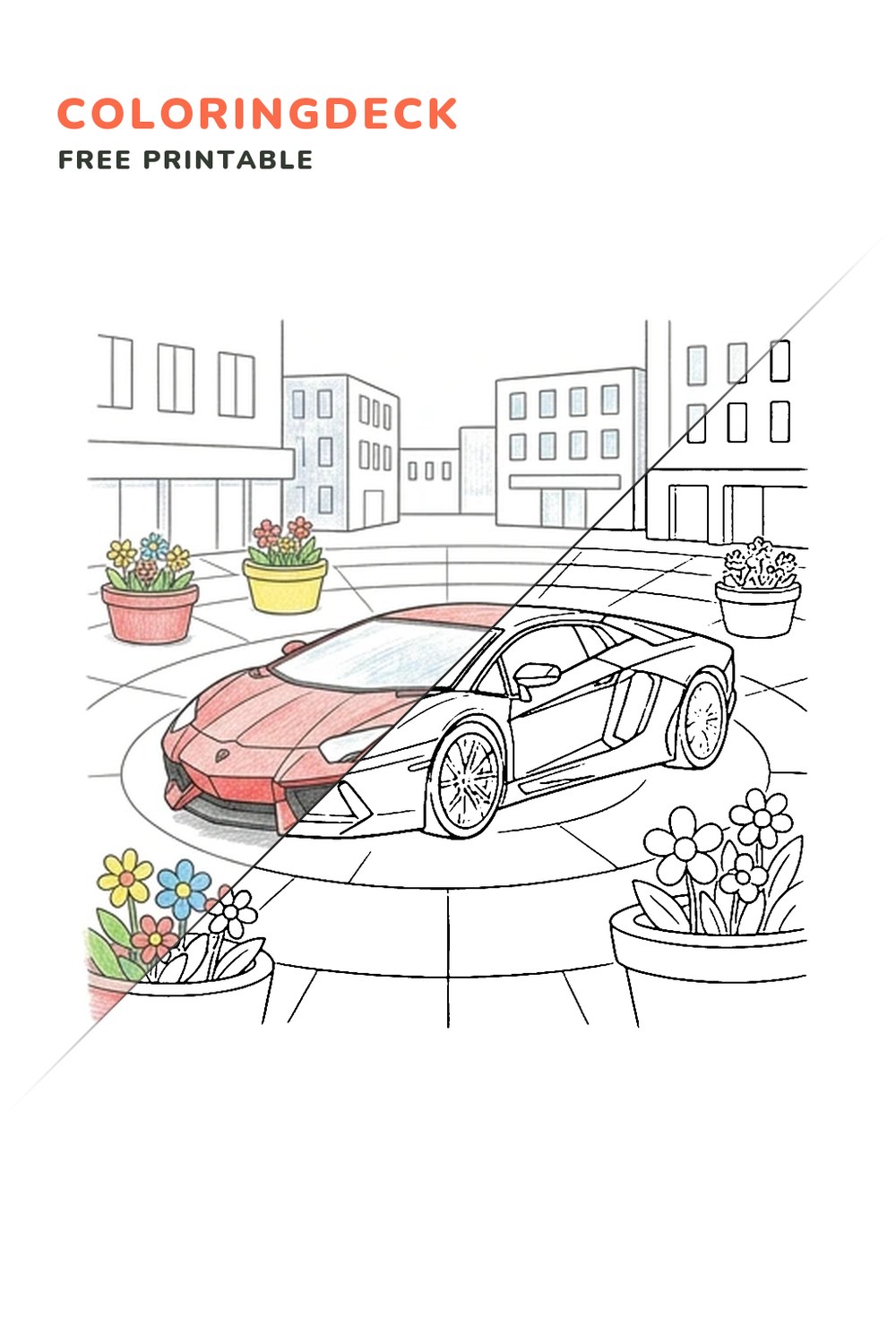 Lamborghini Flower Plaza coloring page, free printable: half colored, half outline