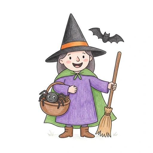 Witch coloring page: Witch Web Basket, colored example