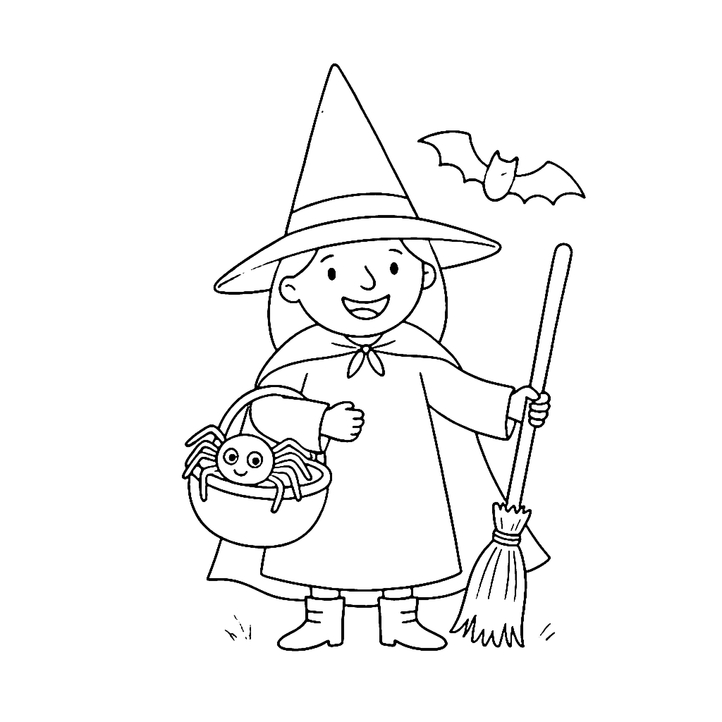 Witch coloring page: Witch Web Basket, outline to print