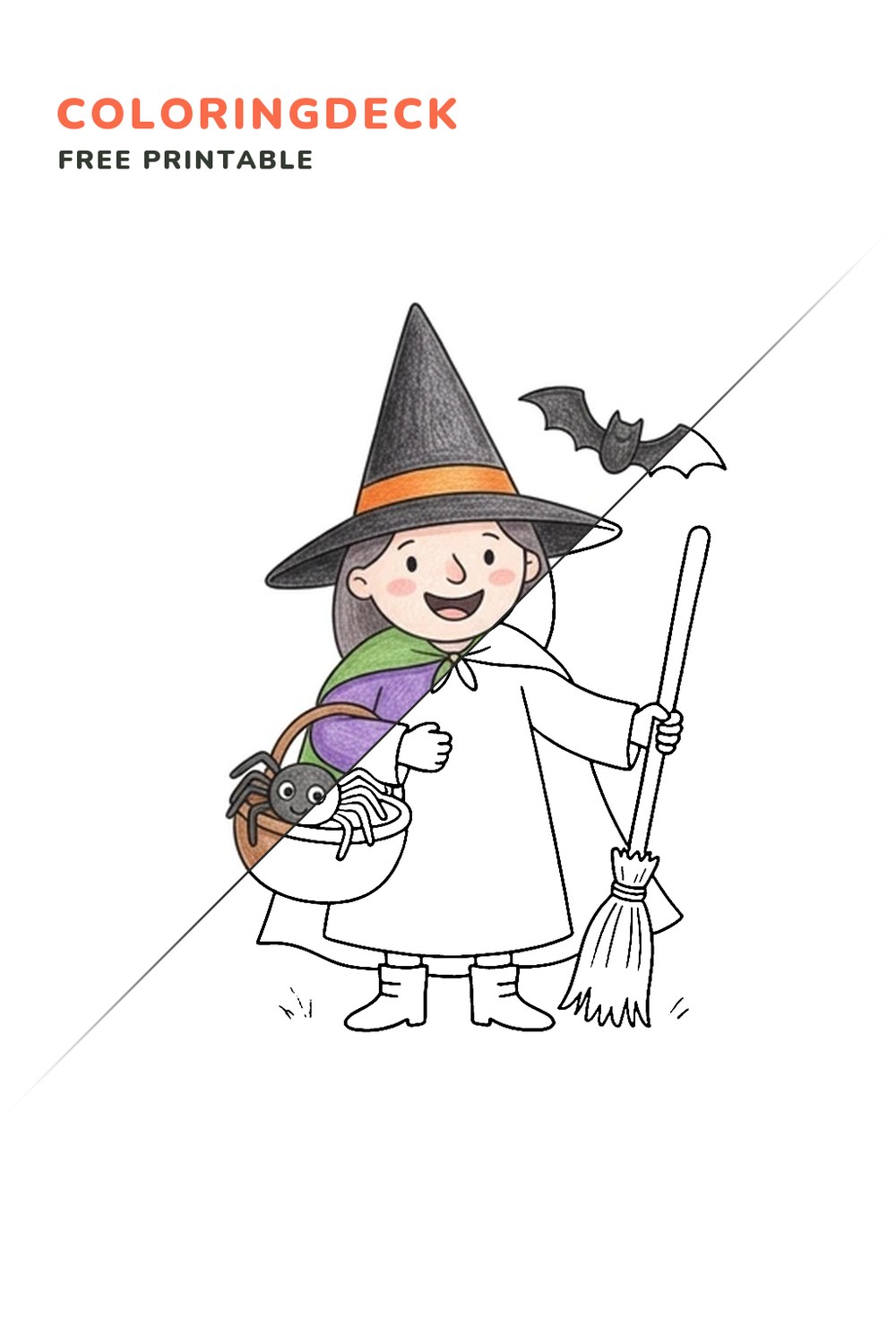 Witch Web Basket coloring page, free printable: half colored, half outline