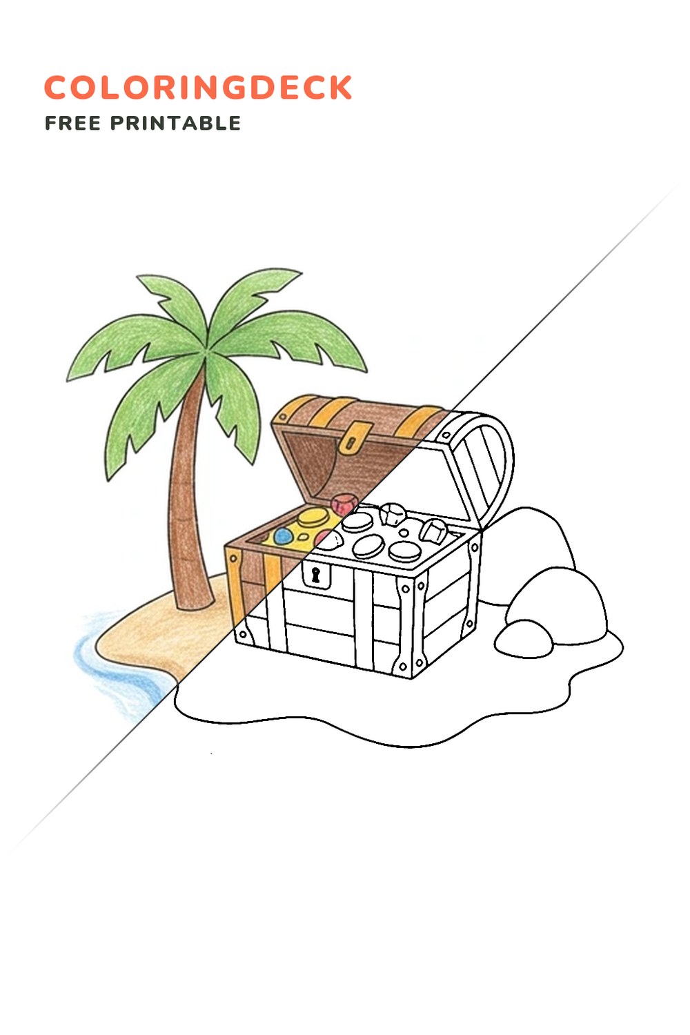 Treasure Chest Island coloring page, free printable: half colored, half outline