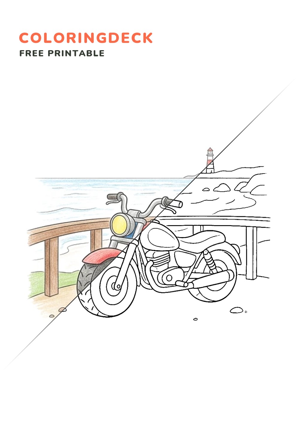 Motorcycle Seaside Lookout coloring page, free printable: half colored, half outline