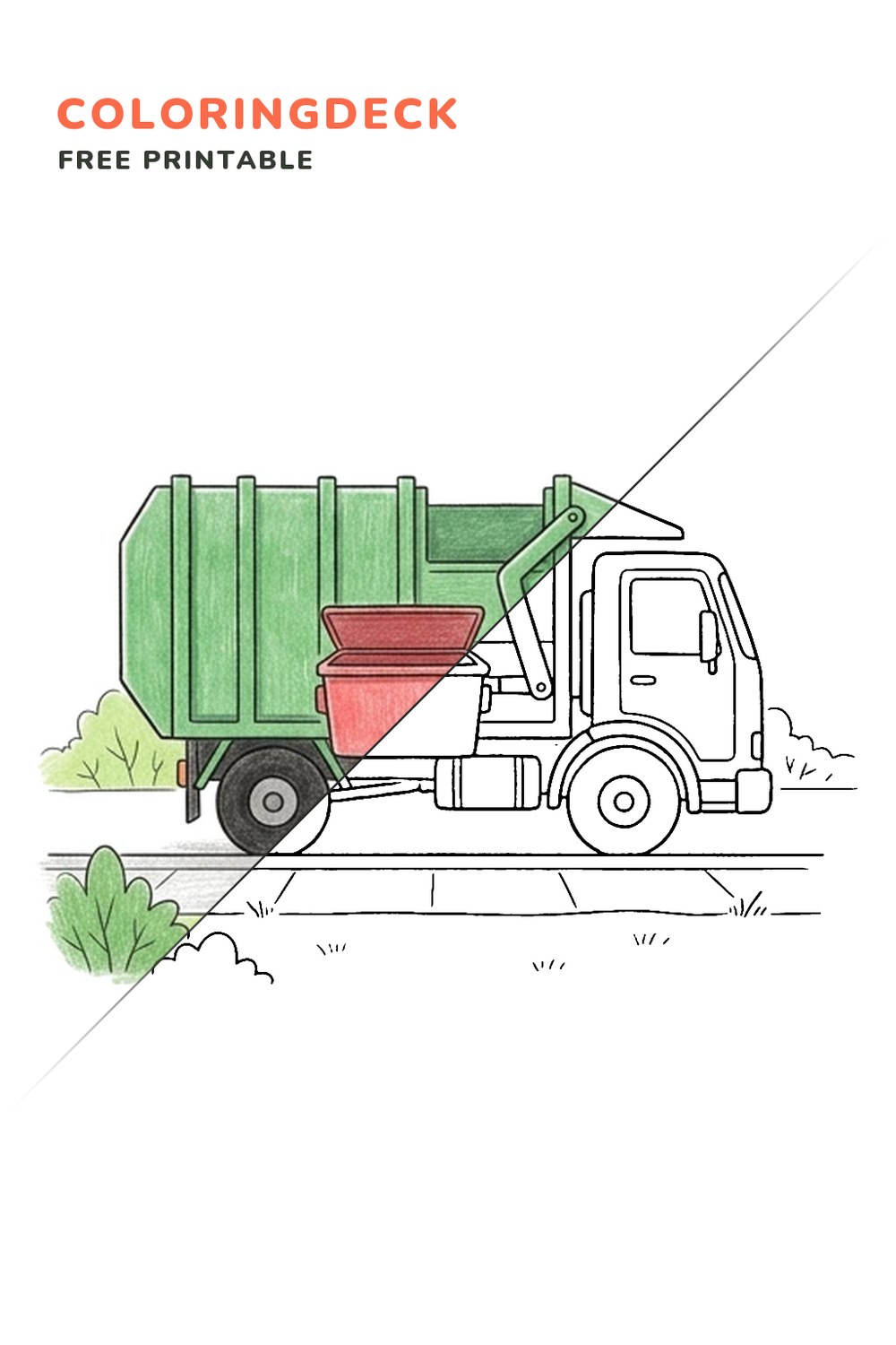 Curbside Garbage Truck coloring page, free printable: half colored, half outline