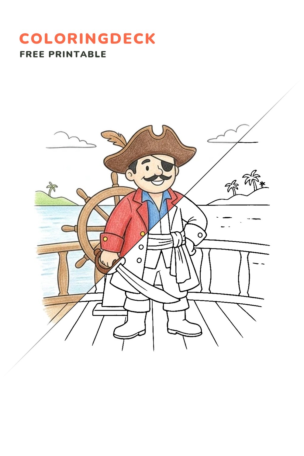 Friendly Pirate Captain coloring page, free printable: half colored, half outline
