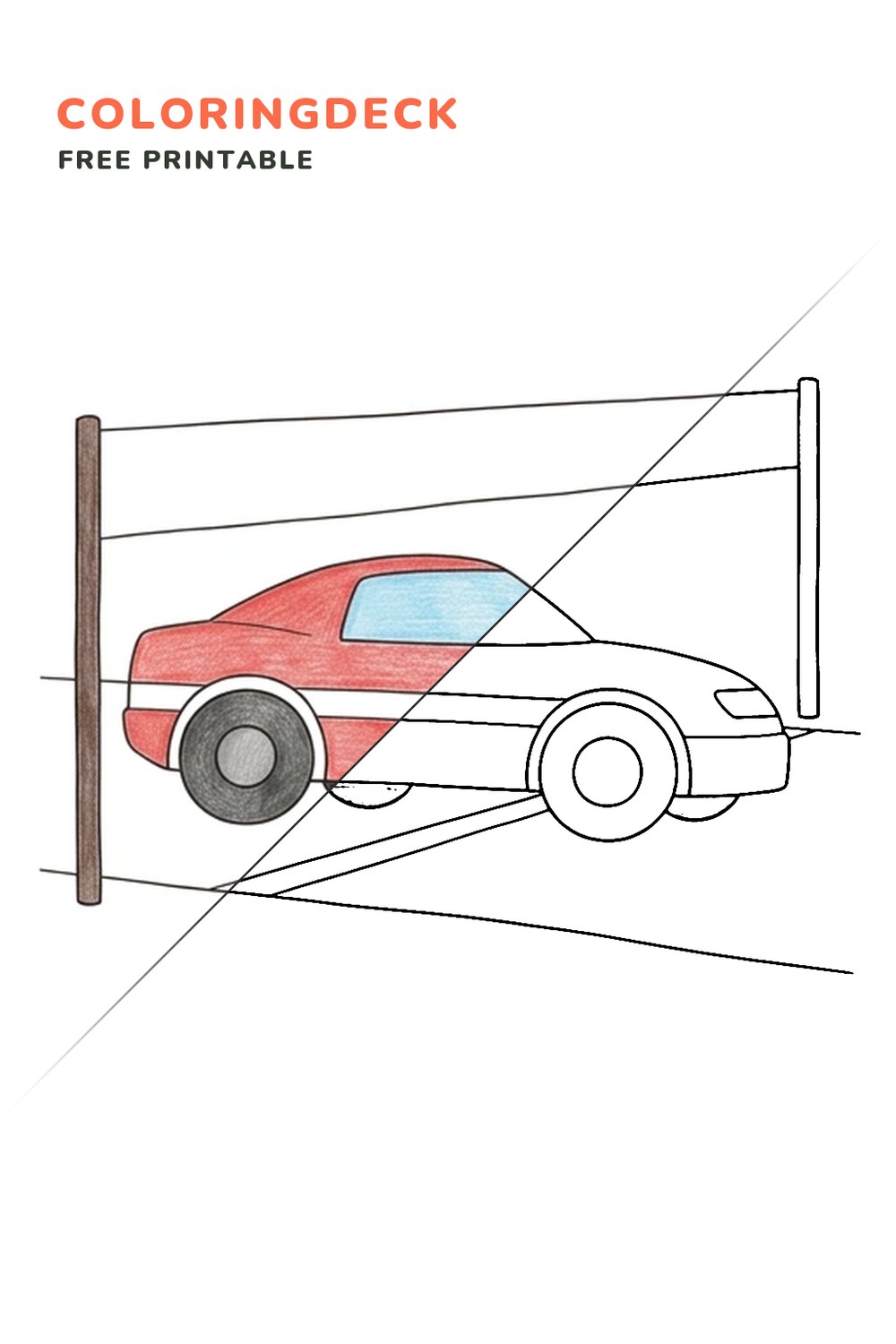 Racing Car Finish coloring page, free printable: half colored, half outline