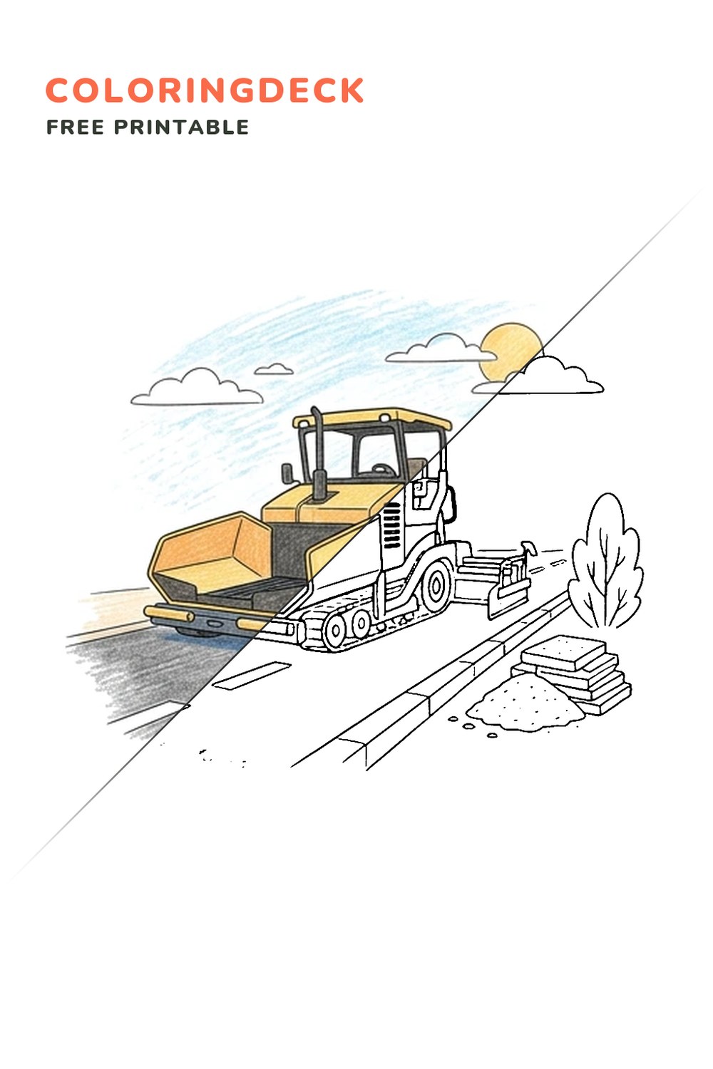 Asphalt Paver Road coloring page, free printable: half colored, half outline
