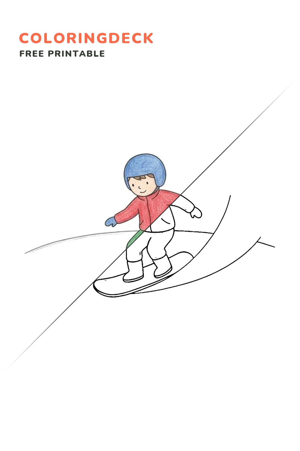Snowboarder Snow Spray coloring page, free printable: half colored, half outline