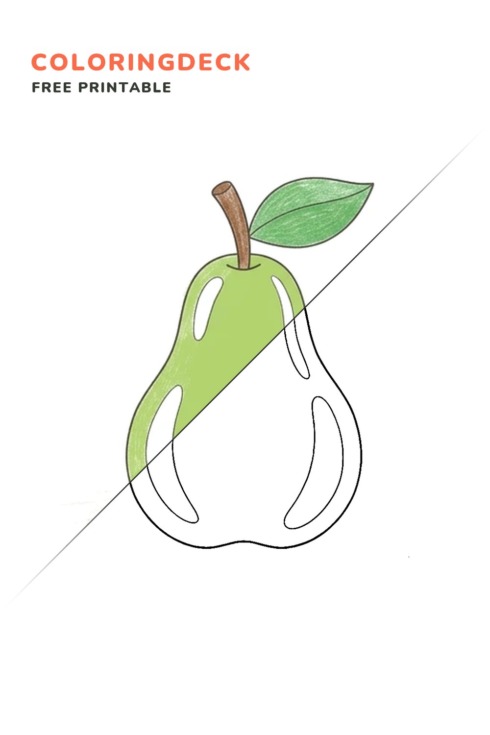 Big Juicy Pear coloring page, free printable: half colored, half outline