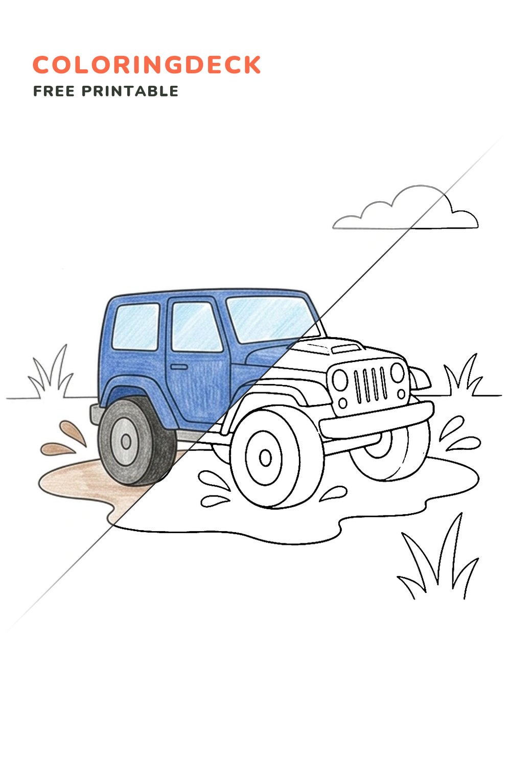 Jeep Mud Puddle coloring page, free printable: half colored, half outline