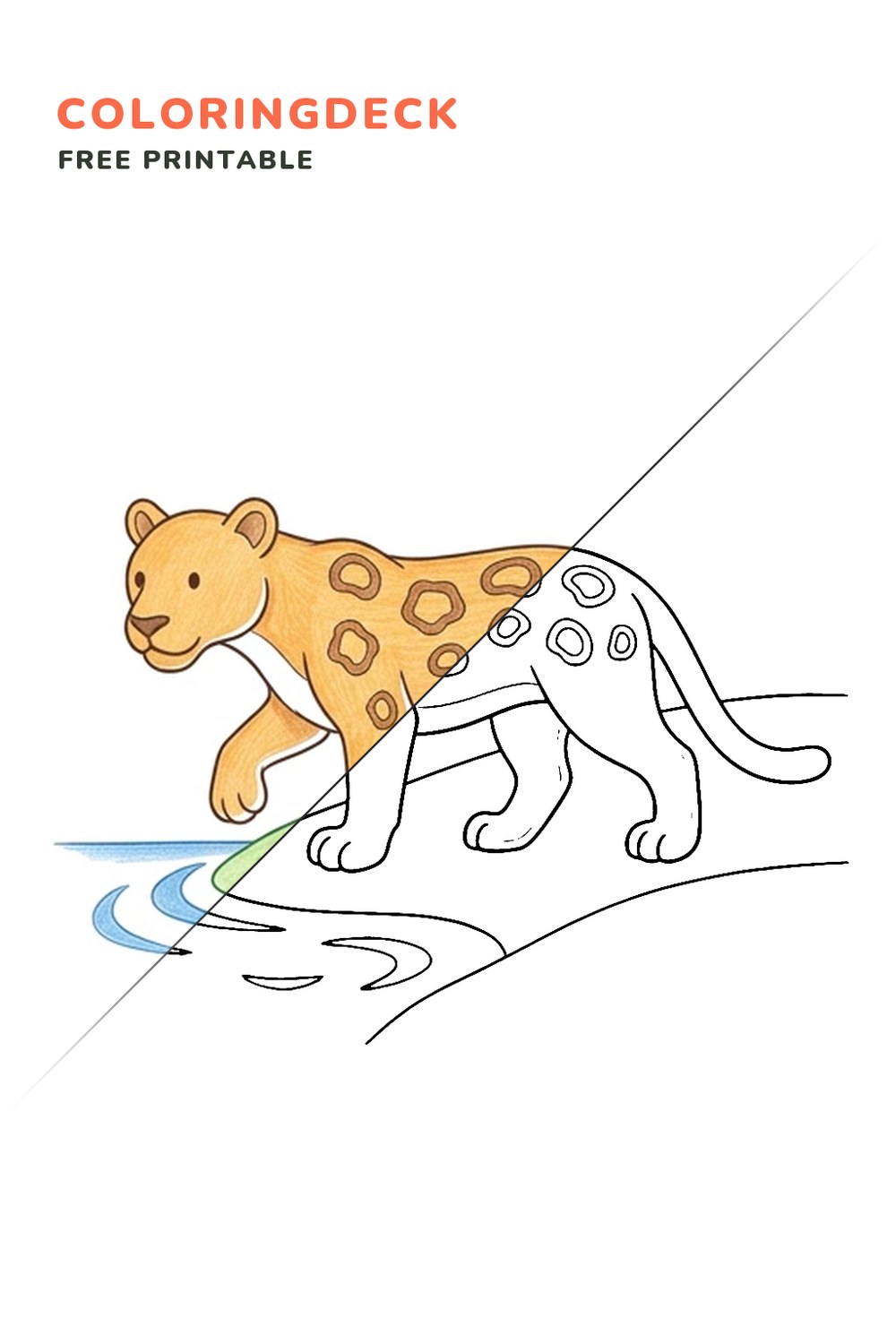 Jaguar River Step coloring page, free printable: half colored, half outline