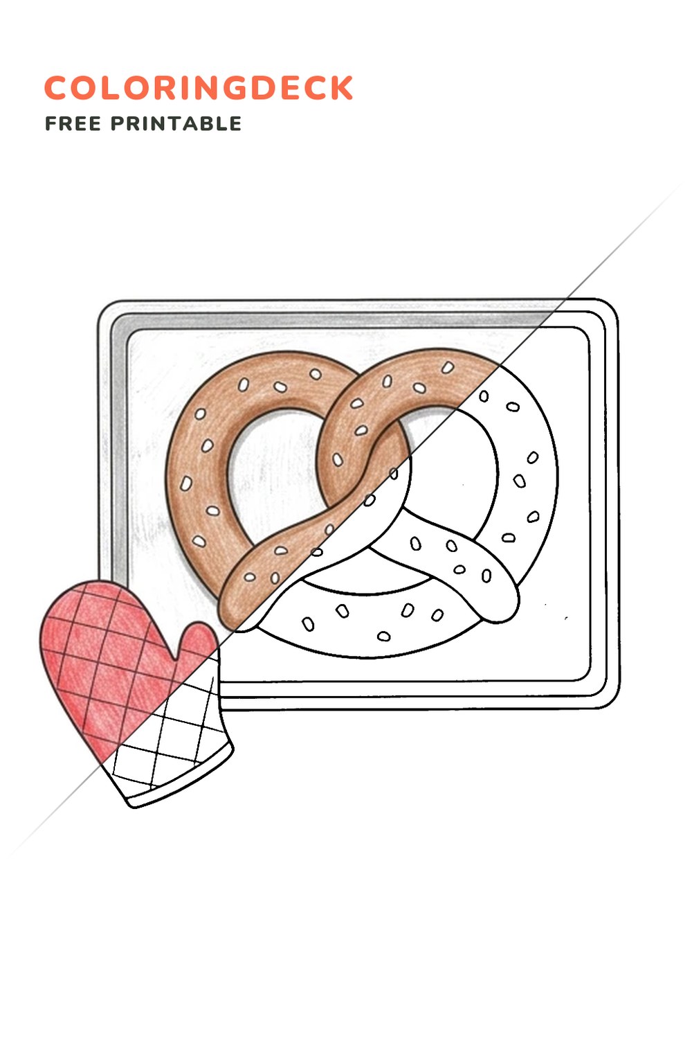 Pretzel Bakery Tray coloring page, free printable: half colored, half outline