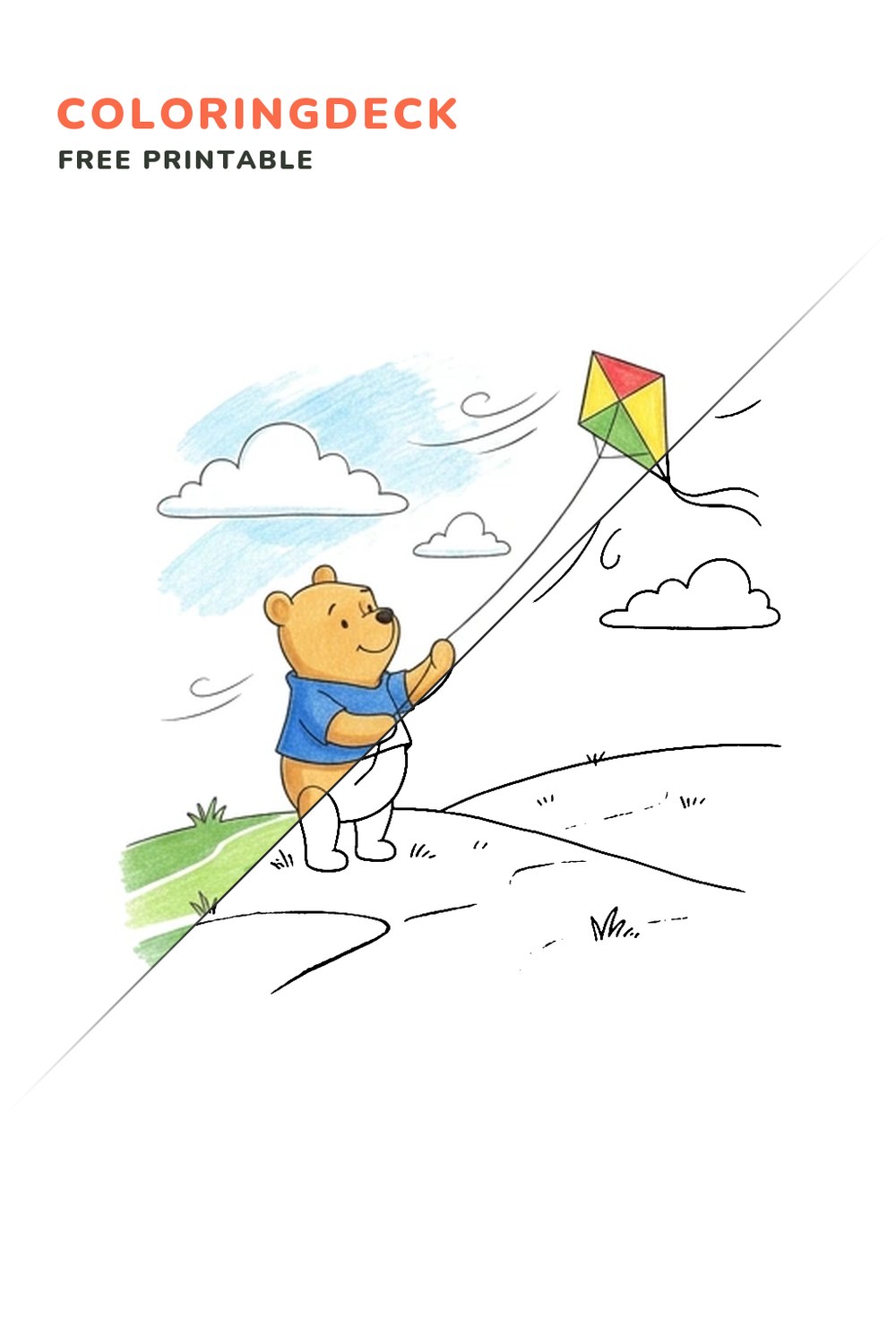 Bear Kite Hill coloring page, free printable: half colored, half outline