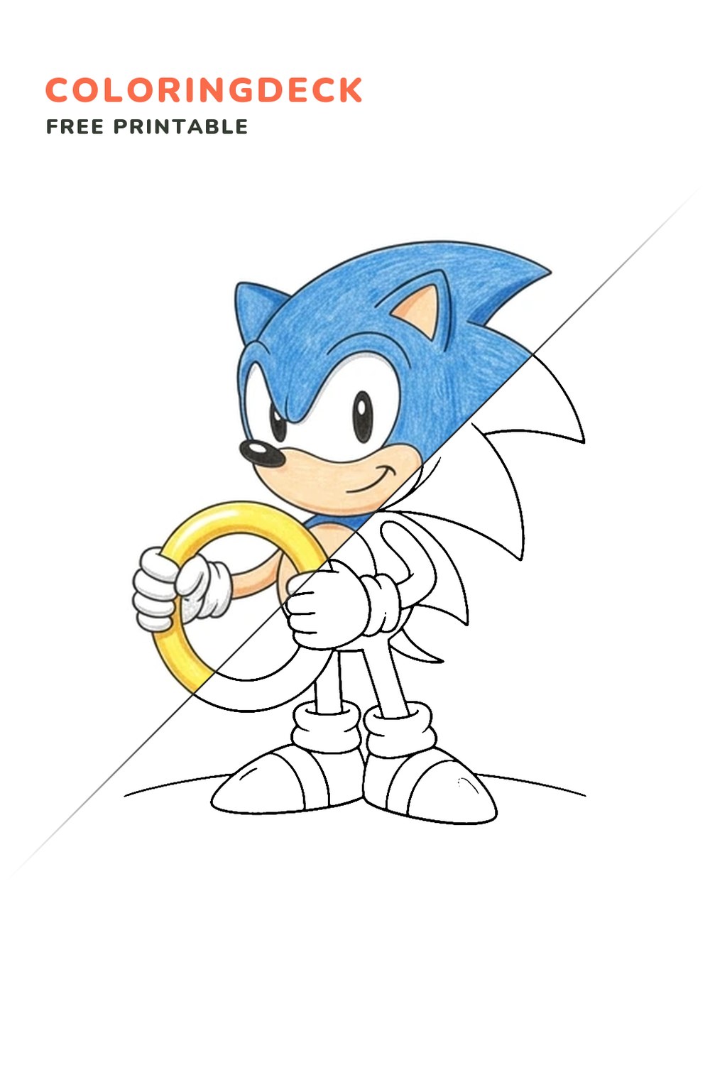Sonic Ring Hold coloring page, free printable: half colored, half outline