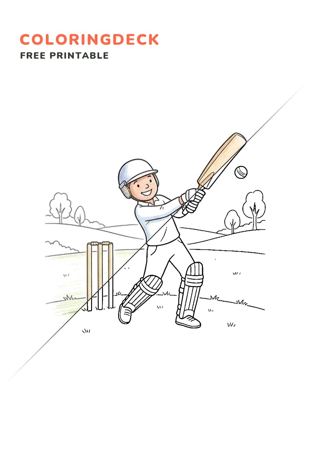 Cricket Batter Swing coloring page, free printable: half colored, half outline