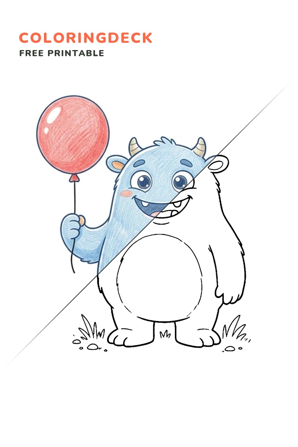 Monster With Balloon coloring page, free printable: half colored, half outline