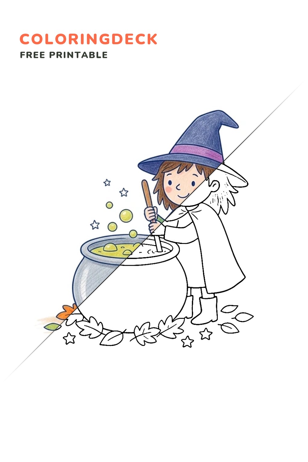 Witch Cauldron Stir coloring page, free printable: half colored, half outline