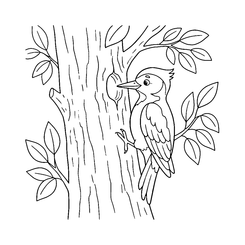 Woodpecker Tree Tap coloring page outline