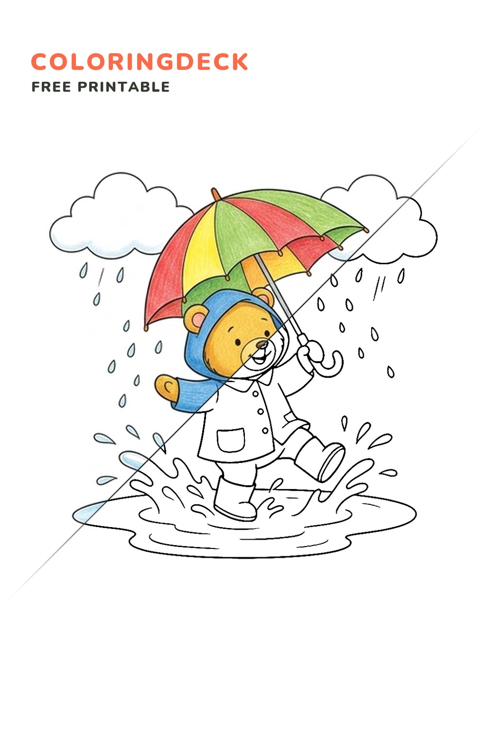 Bear Rainy Puddle coloring page, free printable: half colored, half outline
