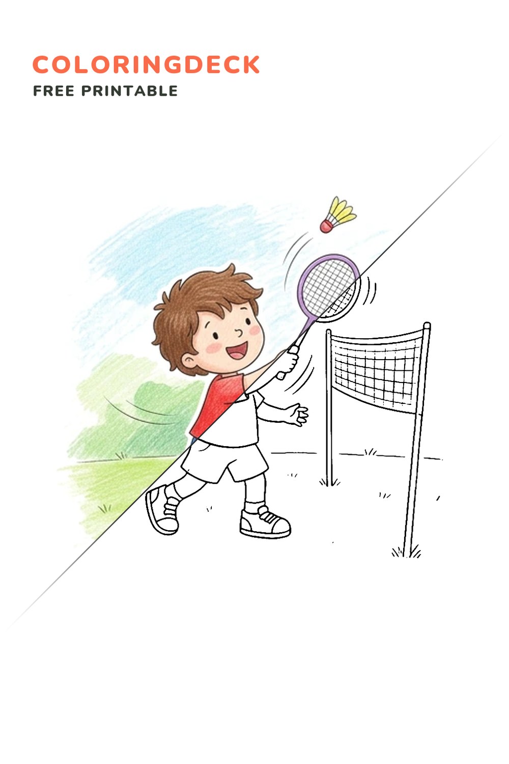 Badminton Net Rally coloring page, free printable: half colored, half outline