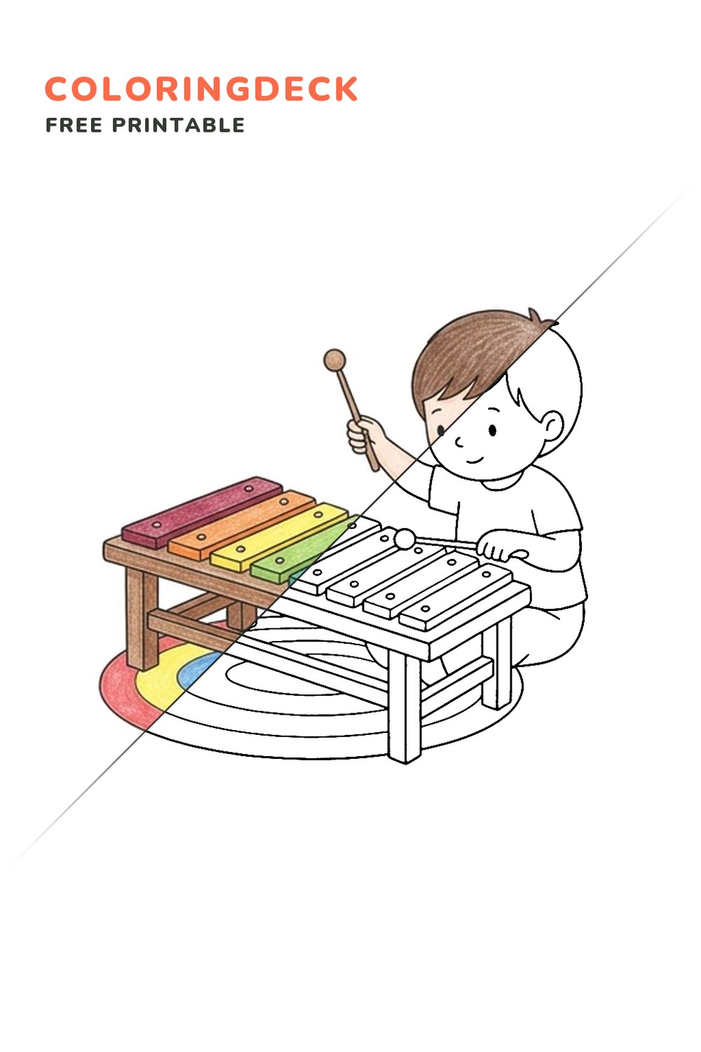 Xylophone Melody coloring page, free printable: half colored, half outline