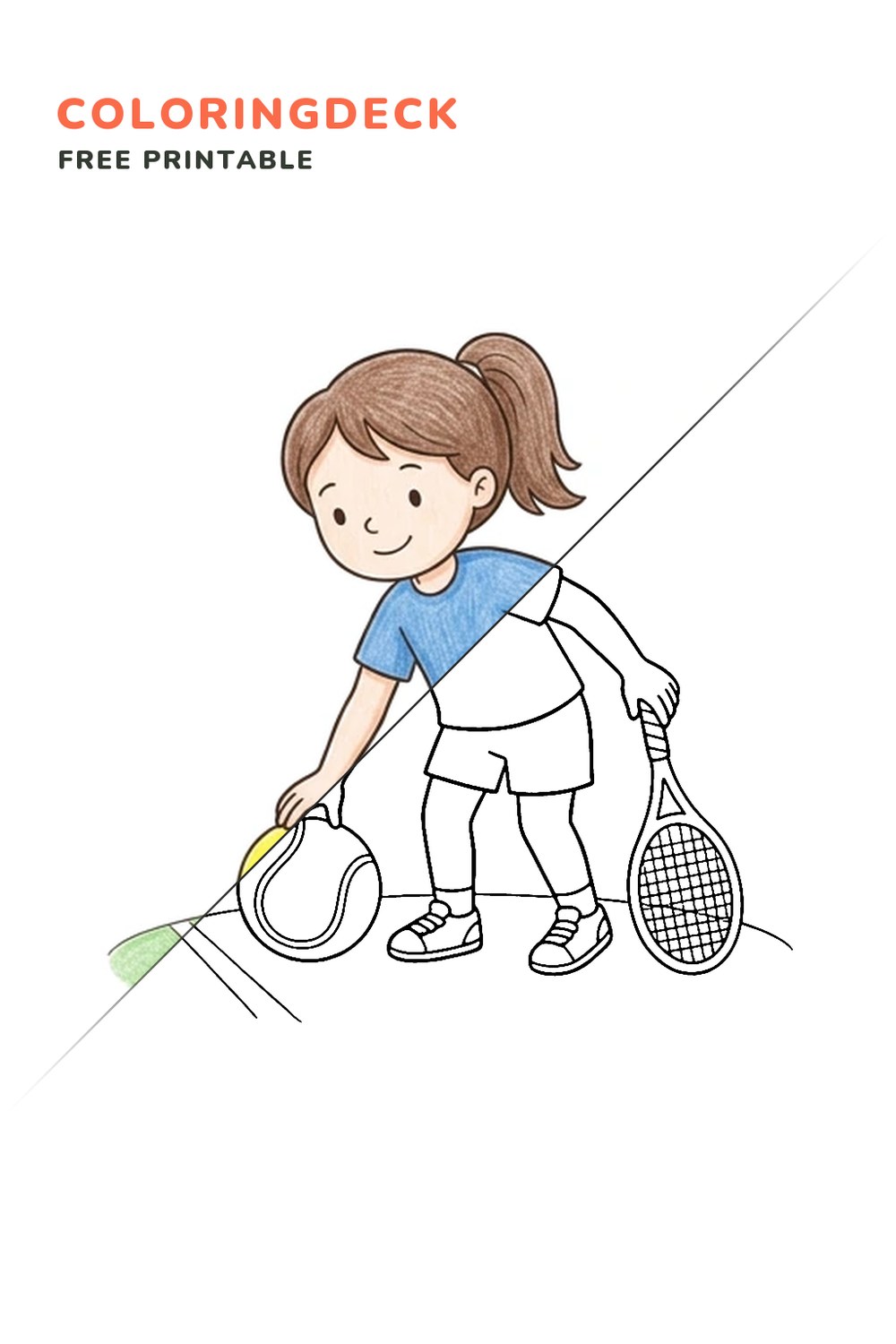 Tennis Ball Pickup coloring page, free printable: half colored, half outline