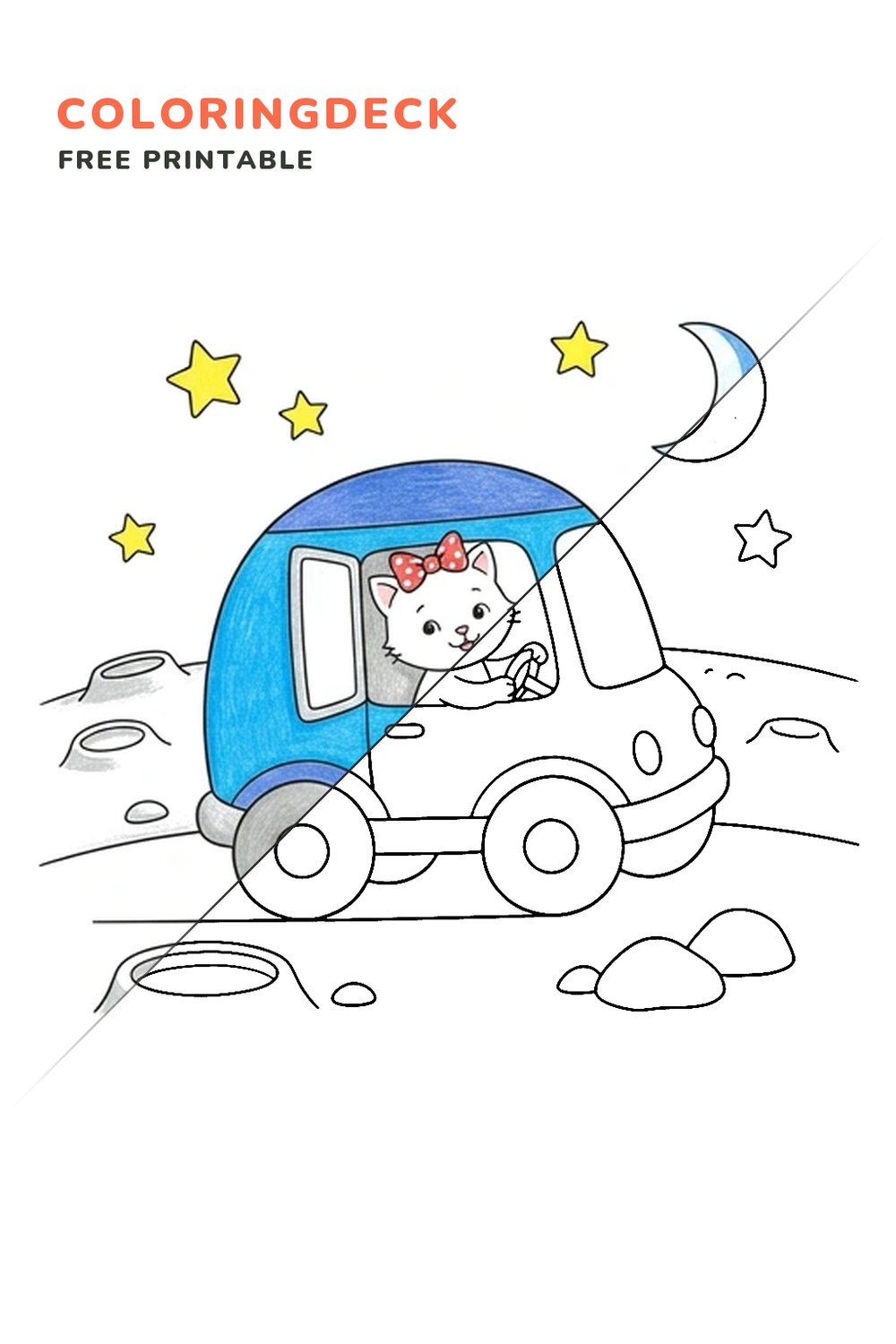 Kitten Moon Rover coloring page, free printable: half colored, half outline