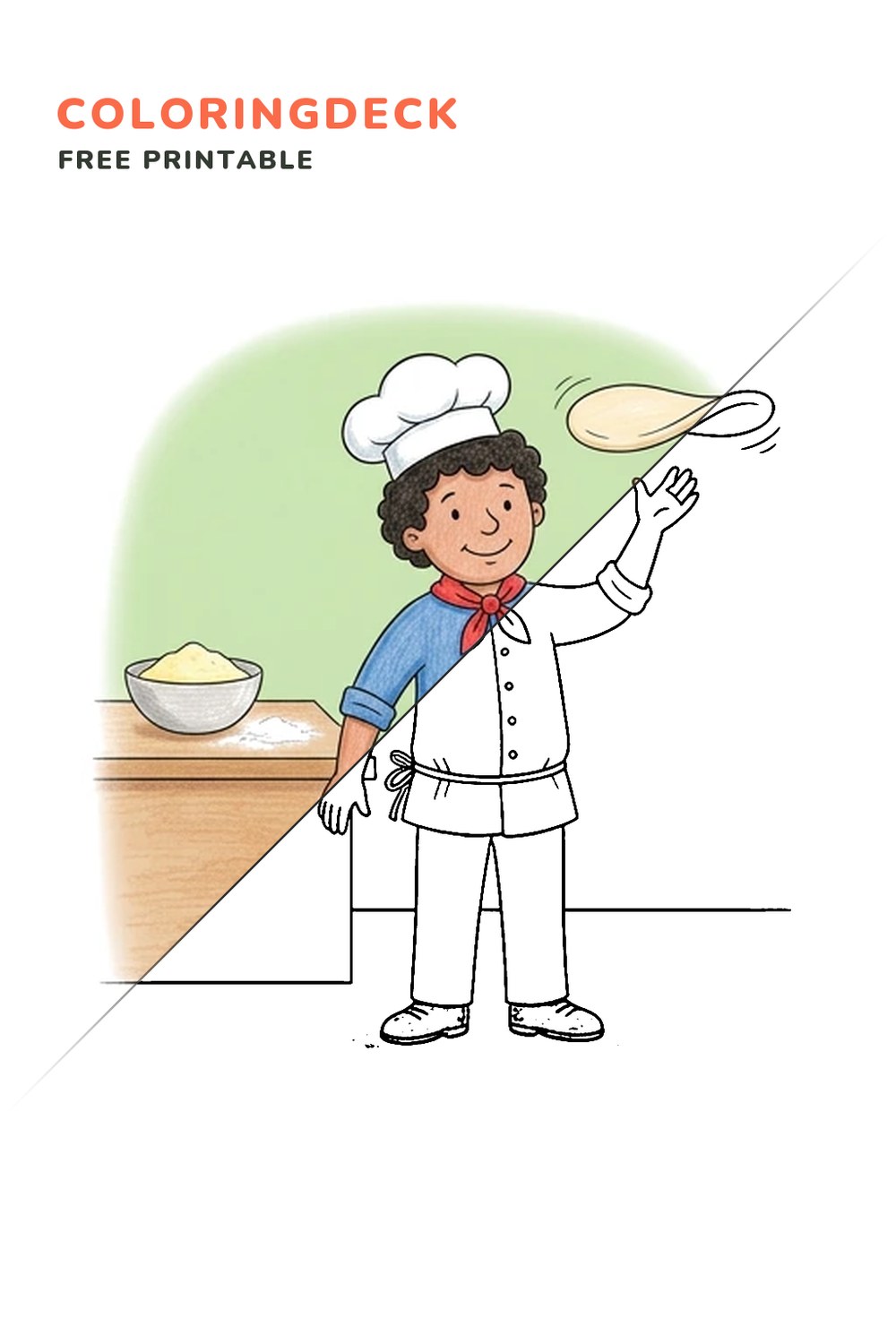 Pizza Chef Toss coloring page, free printable: half colored, half outline