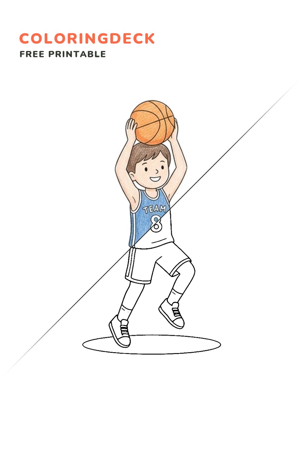 Basketball Jump Pose coloring page, free printable: half colored, half outline