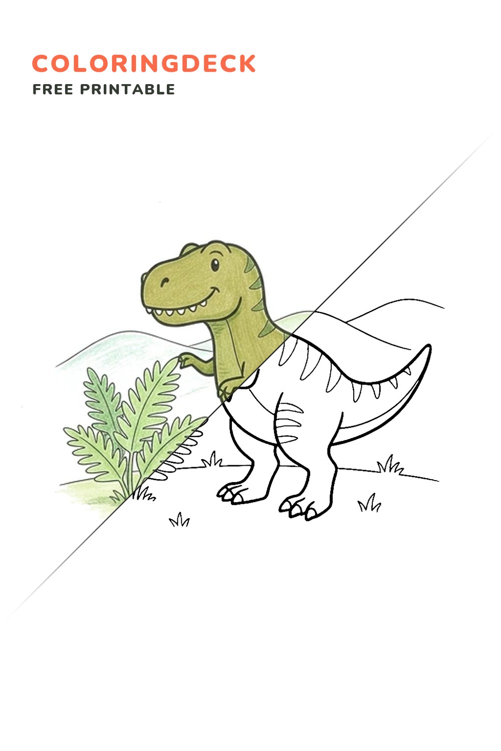 T-Rex Fern Snack coloring page, free printable: half colored, half outline