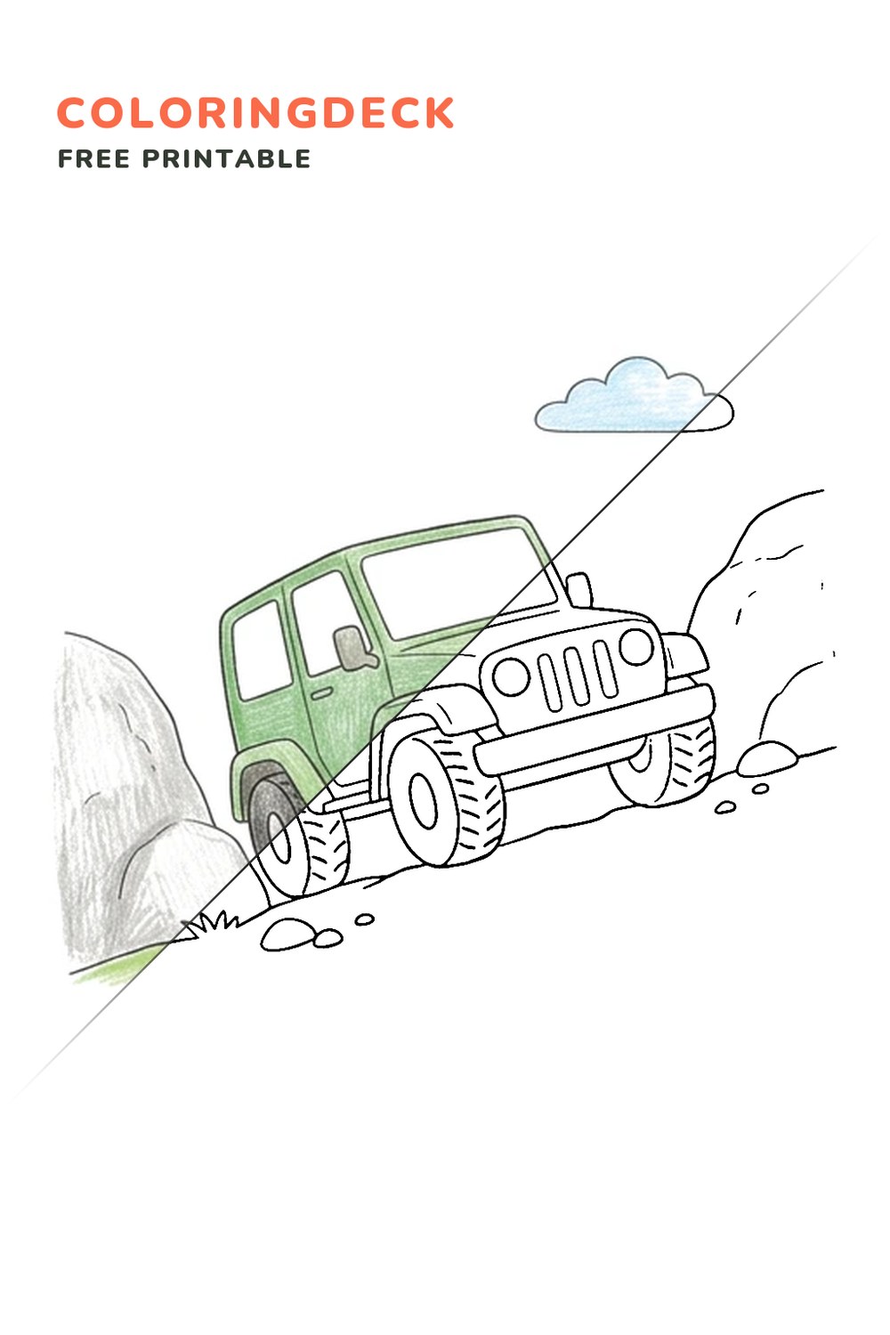 Jeep Rocky Pass coloring page, free printable: half colored, half outline