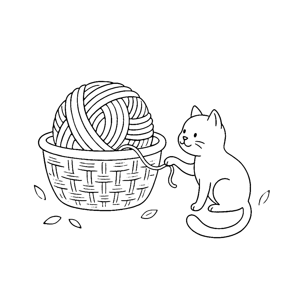 Cat Yarn Basket coloring page outline