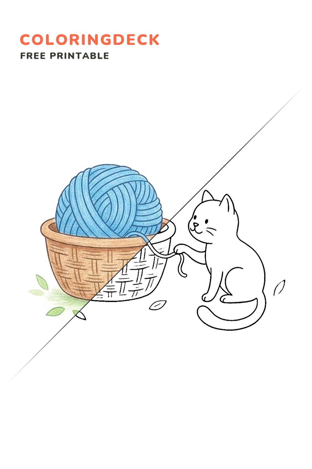 Cat Yarn Basket coloring page, free printable: half colored, half outline