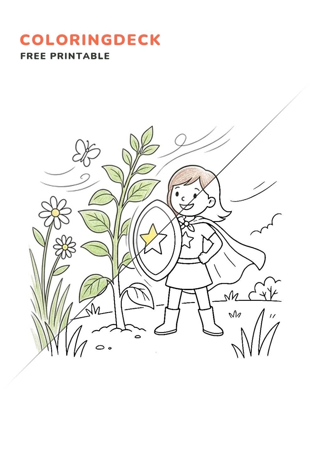 Powerful Garden Guardian coloring page, free printable: half colored, half outline