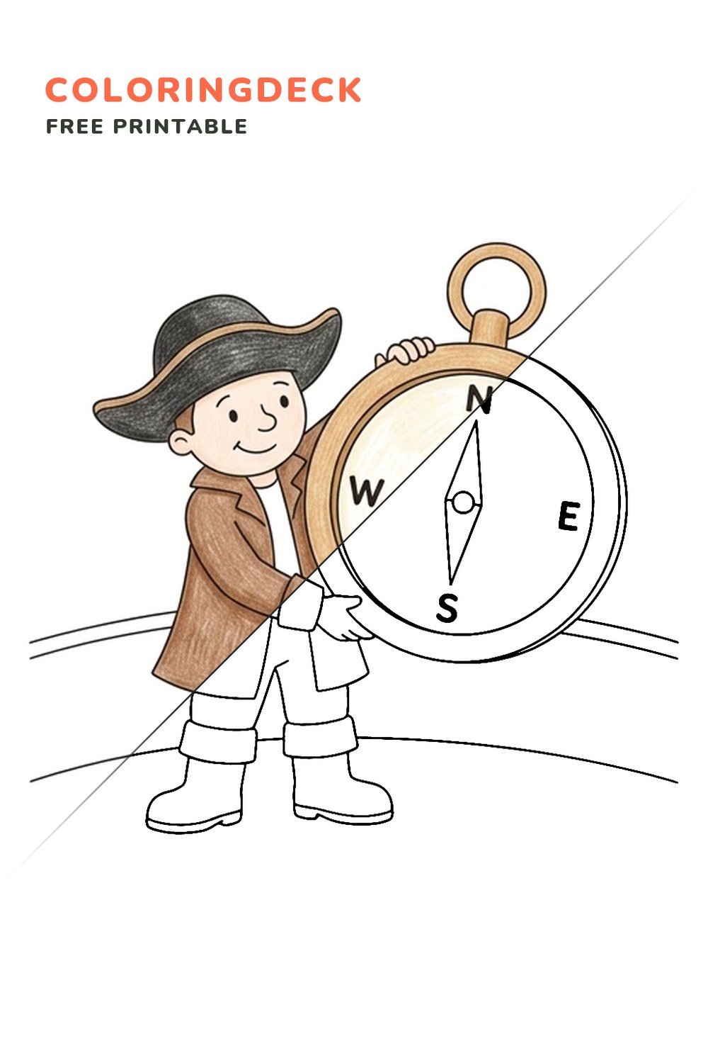 Pirate Captain Compass coloring page, free printable: half colored, half outline
