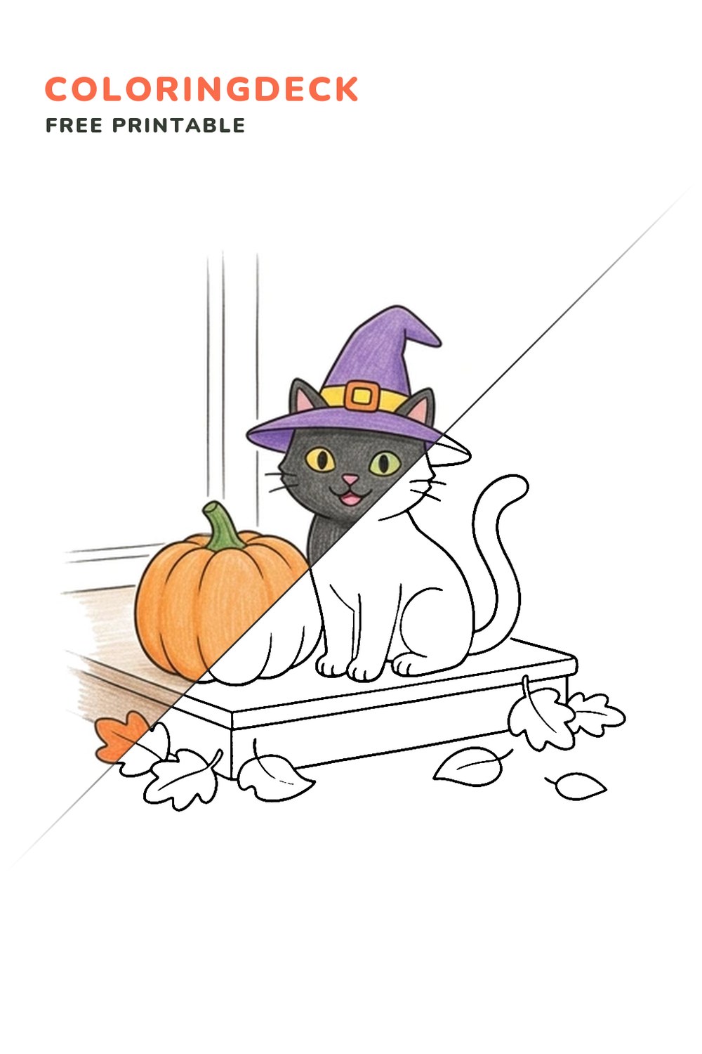 Cat Pumpkin Watch coloring page, free printable: half colored, half outline
