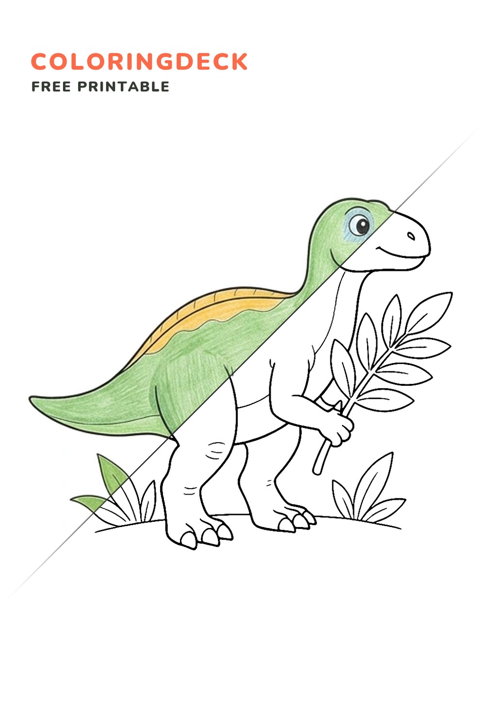 Iguanodon Leaf Hold coloring page, free printable: half colored, half outline